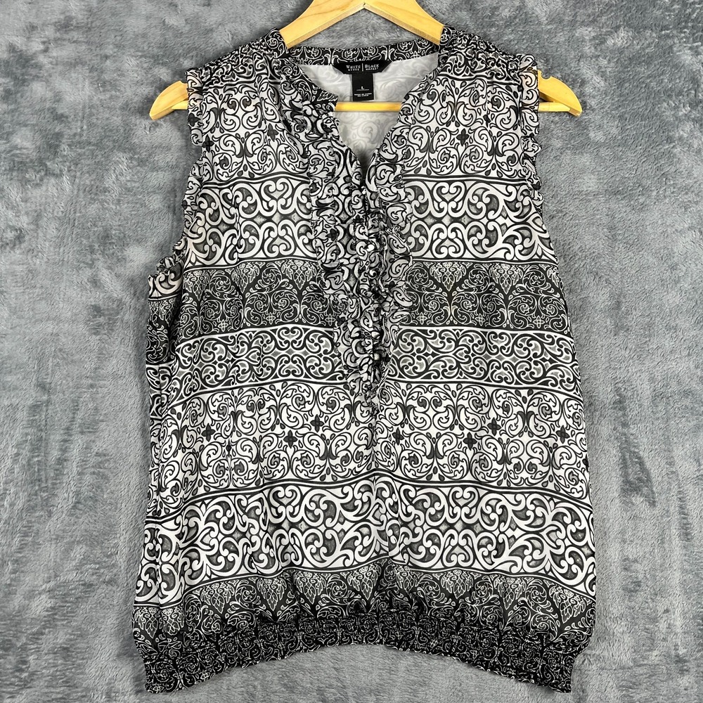 White House Black Market Blouse Womens L Multi Paisley Ruffled Trim Smocked Hem